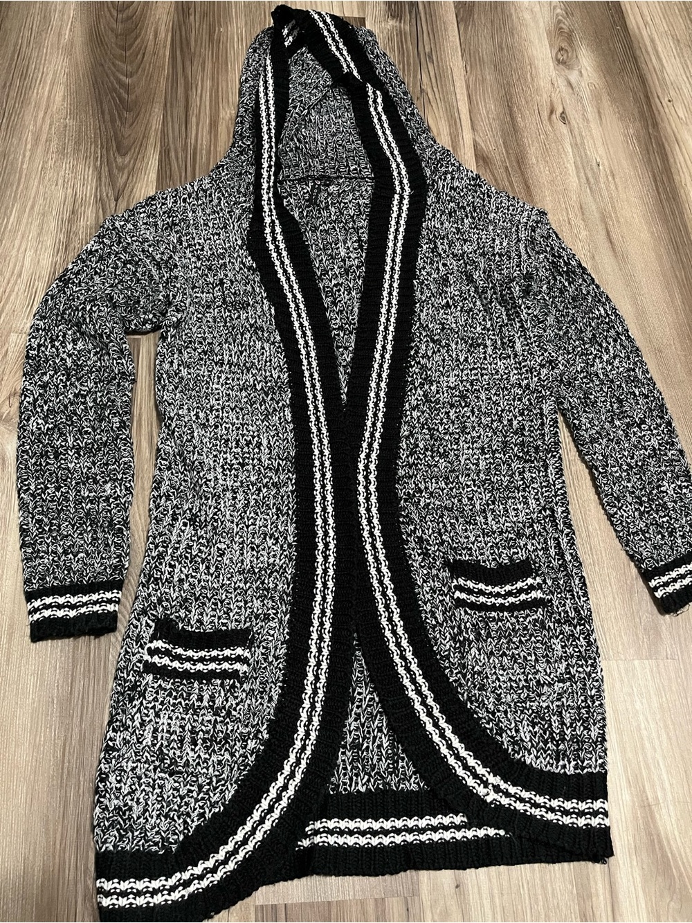 Poof! Black & White Hooded Open-Front Knit Cardigan
